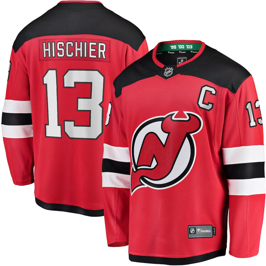 Men New Jersey Devils #13 Nico Hischier Fanatics Branded Red Captain Patch Home Breakaway NHL Jersey->new york rangers->NHL Jersey